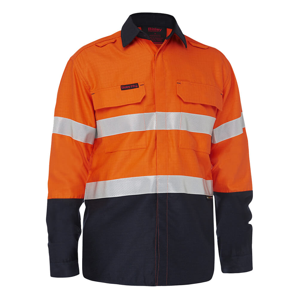 Bisley BS8438T Apex 185 Hi-Vis Taped Vented FR Shirt Orange/Navy