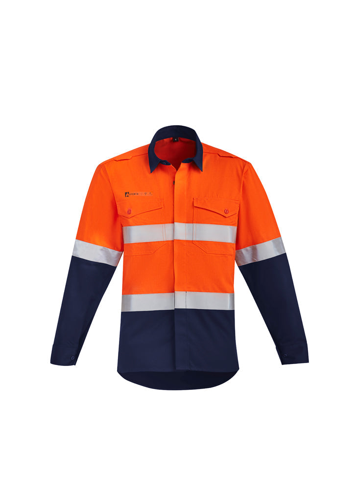 Syzmik Mens Orange Flame Hi Vis Open Front Spliced Shirt - Hoop Taped-(ZW140)