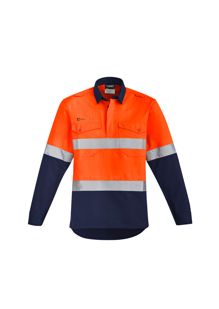 Syzmik Mens Orange Flame Hi Vis Closed Front Shirt - Hoop Taped-(ZW143)