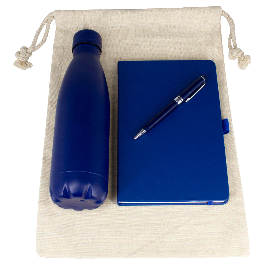 Gift Set - Cotton Drawstring Bag, Insulated Bottle, Journal & Pen