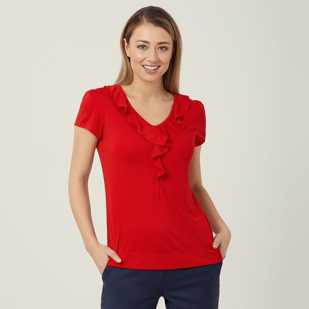 Matt Jersey Cap Sleeve Ruffle Neck T-Top