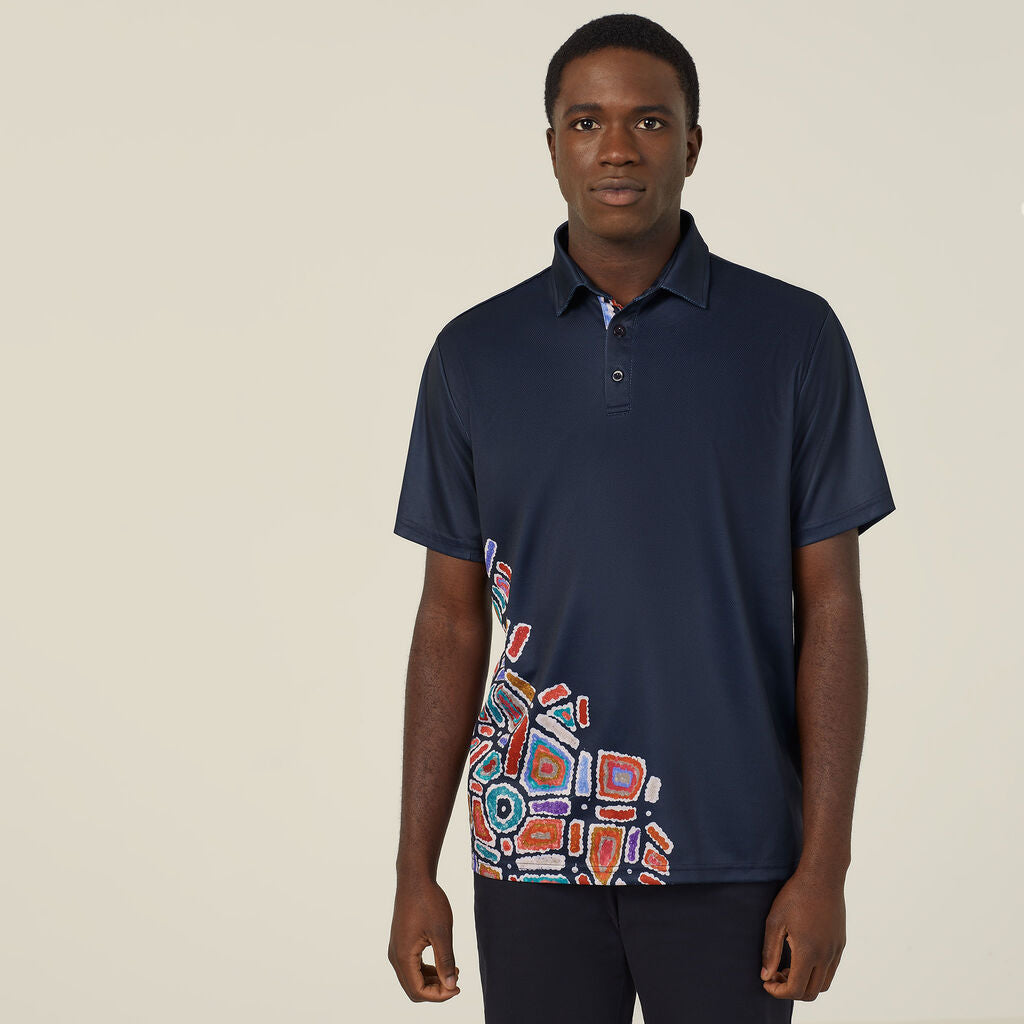 Polyester Knit Water Dreaming Indigenous Print Polo