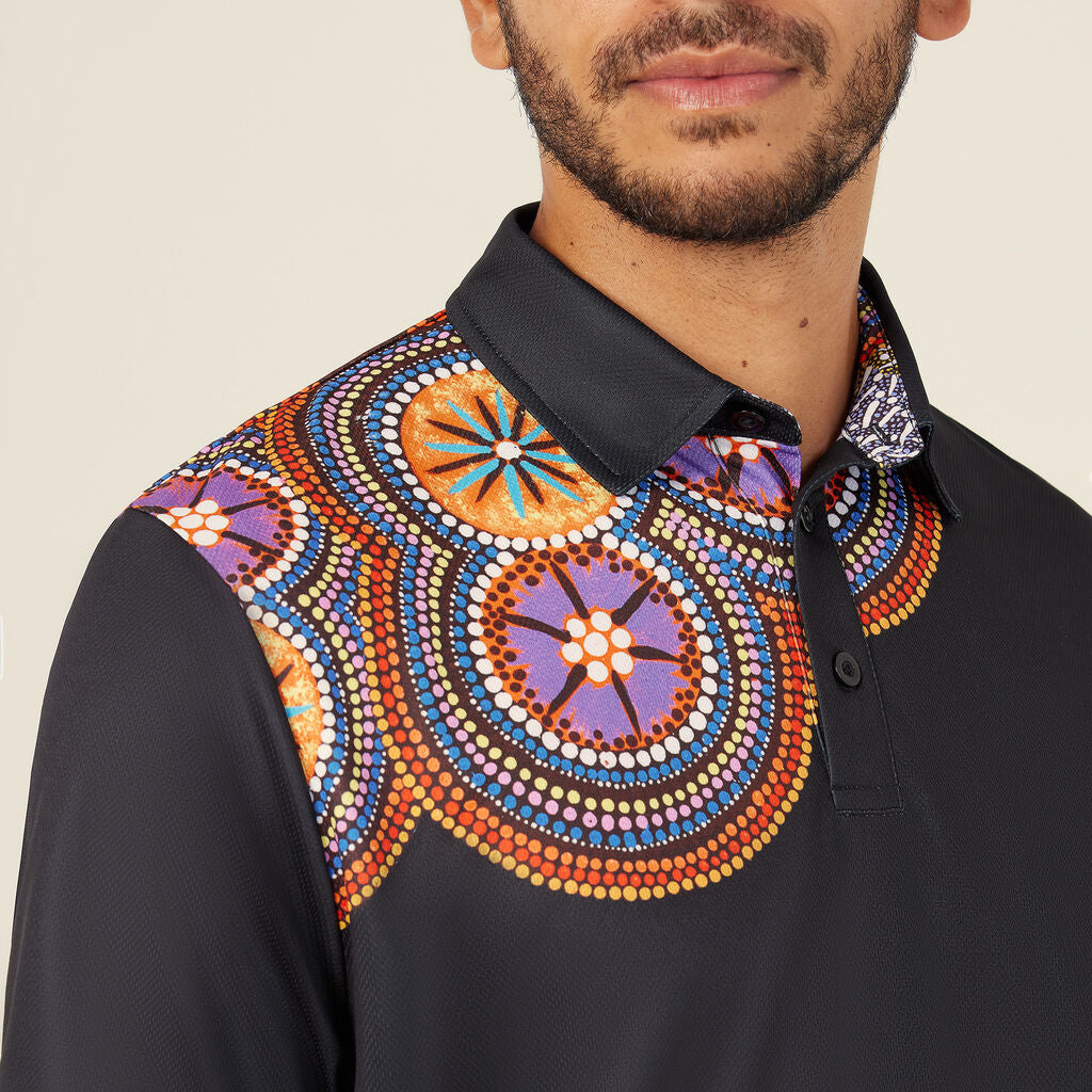 Polyester Knit Bush Tucker Indigenous Print Polo